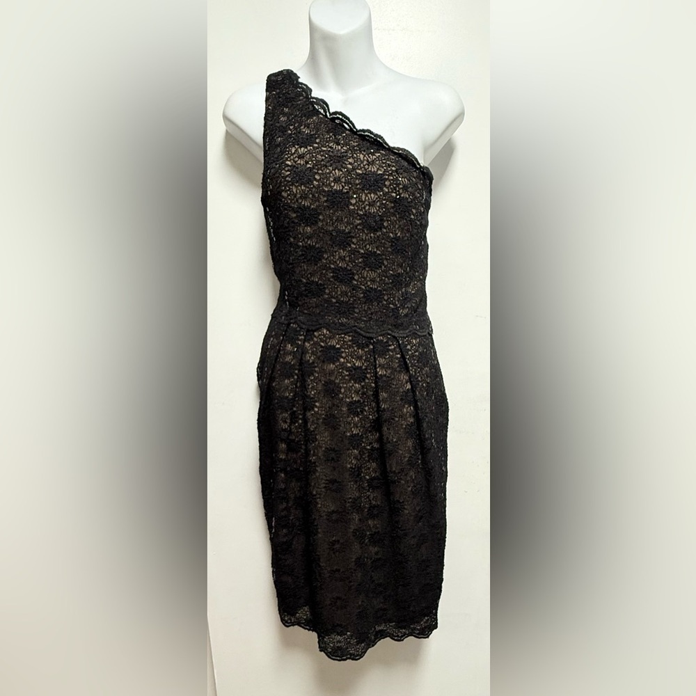 Alex Evenings Black and Tan Asymmetrical Pleated Cocktail Dress